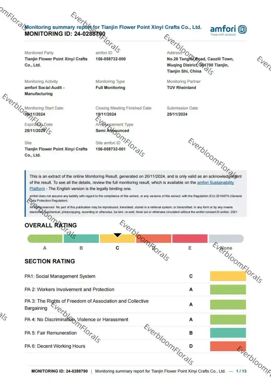 BSCI audited partner factory document for artificial flower buyers
